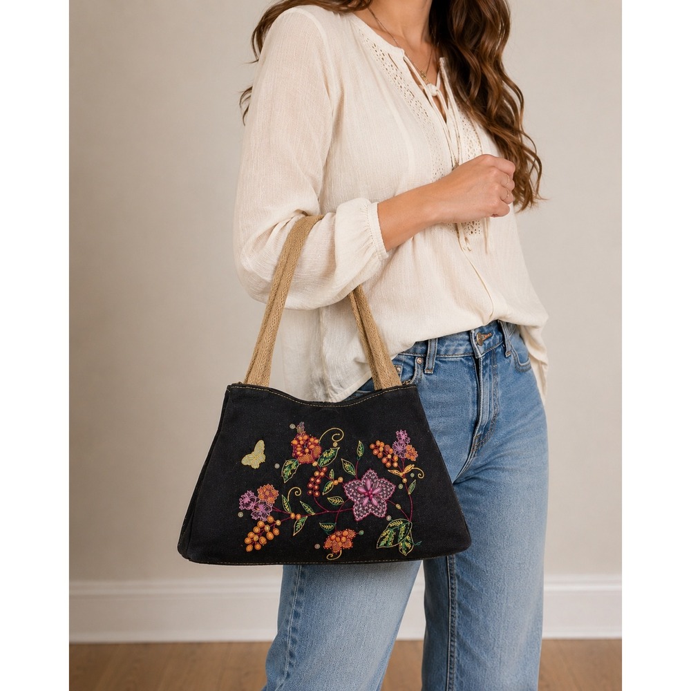 Boho Floral Embroidered Beaded Tote Bag Shoulder‎ Purse Y2K Festival Butterfly